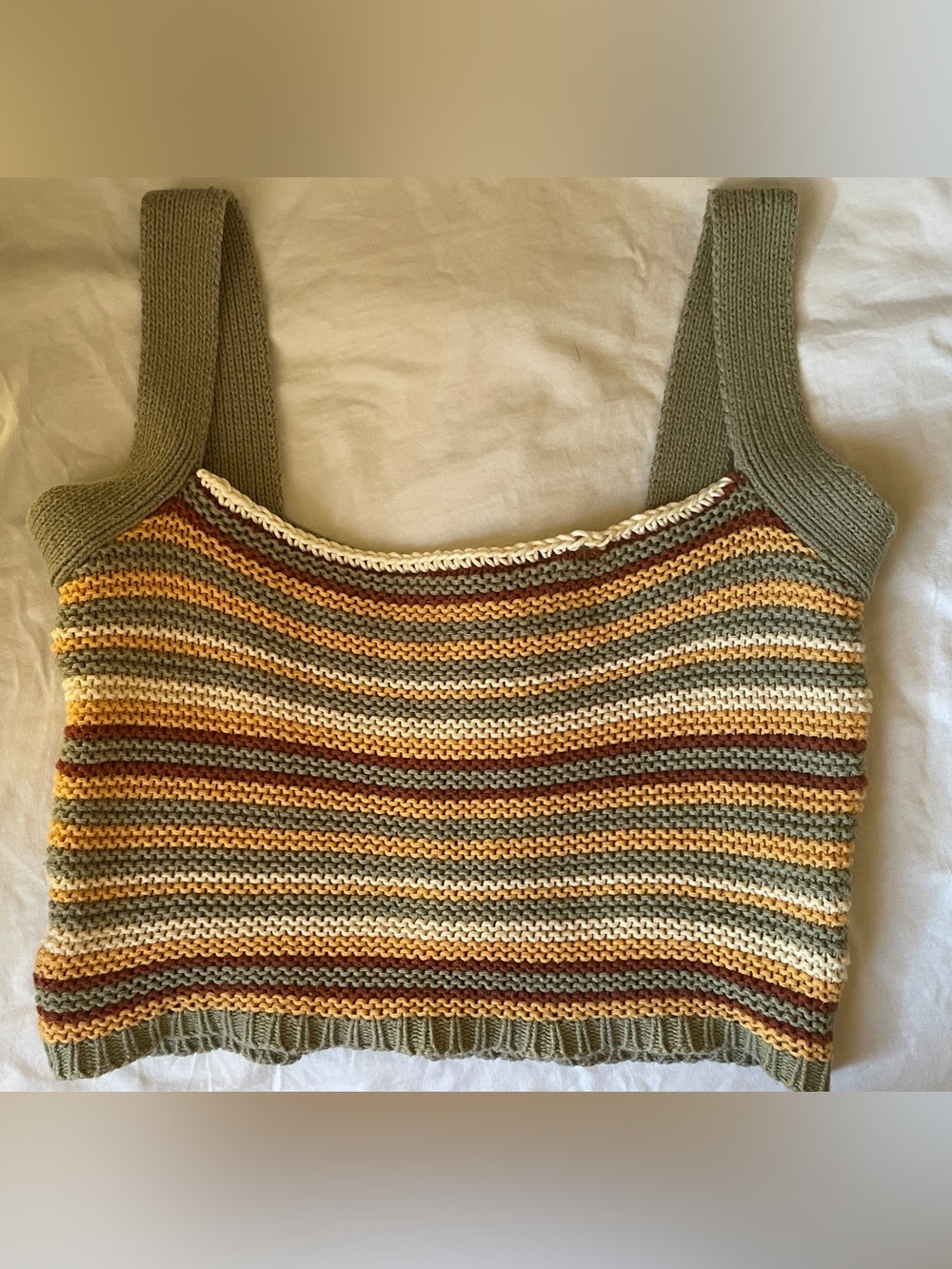 Striped Knit Tank Top in Sage Green, Golden Yellow, Brown, and Cream